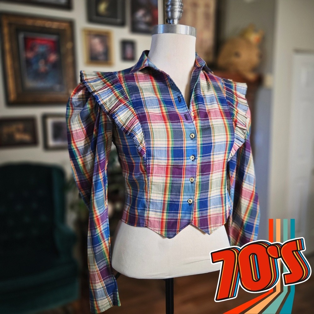 Vintage 70s Byer California Womens Plaid Cropped Ruffled Shirt‎ Top Long Sleeve